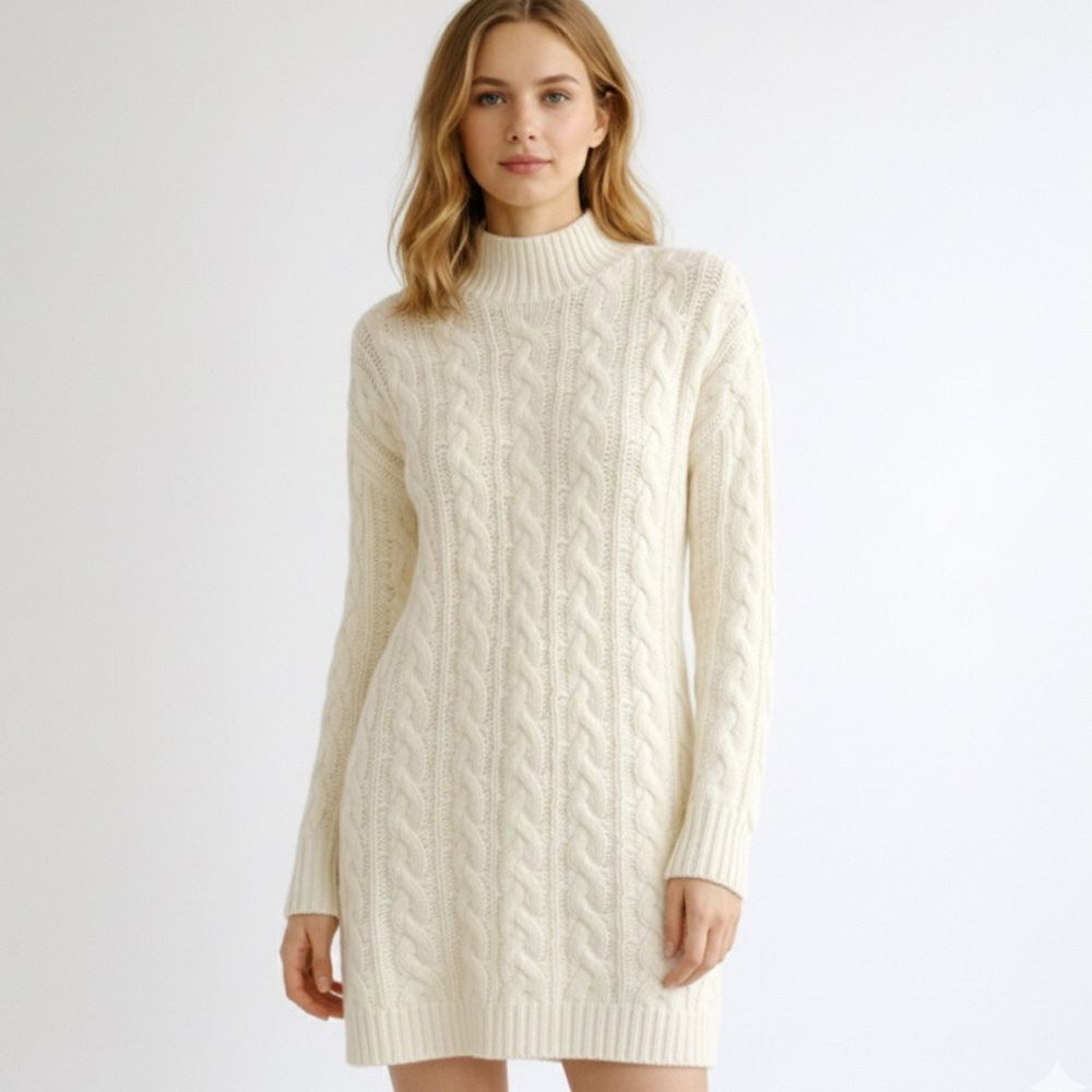Dreamers Chunky Cable Knit Sweater Dress Ivory  Mock Neck Long Sleeve